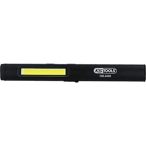 Een zwarte LED-werklamp met een rechthoekig, geel lichtveld. De logo's en de aanduiding 'KS TOOLS 150.4400' zijn zichtbaar op de behuizing.
